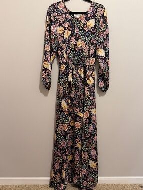 Floral Long-Sleeve Maxi Dress in Black with Pink & Yellow Blooms